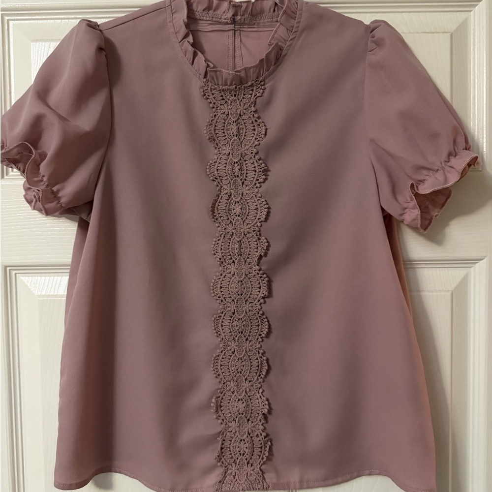 SHEIN Dusty Rose Lace Detail Puff Sleeve Blouse Size S